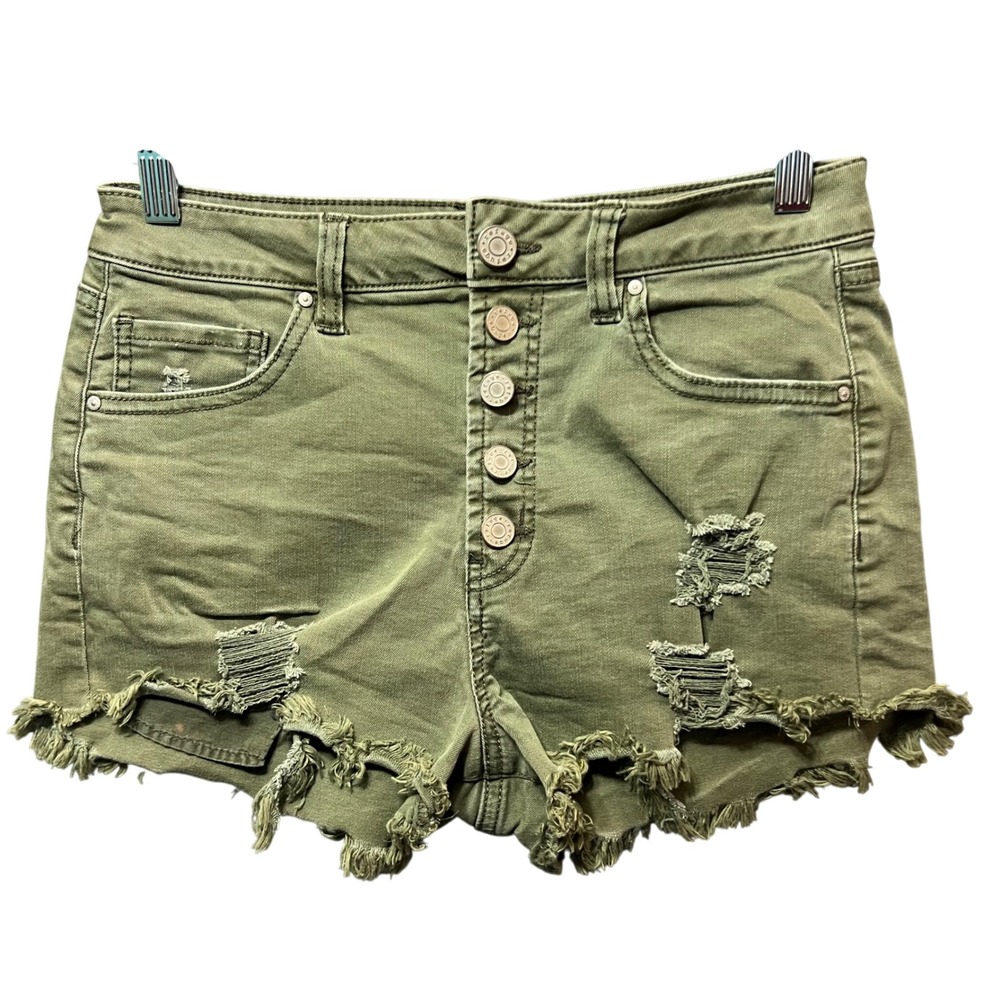 Refuge Olive‎ Green Distressed Button Fly Cutoff Shorts Size 8 Frayed Hem Denim
